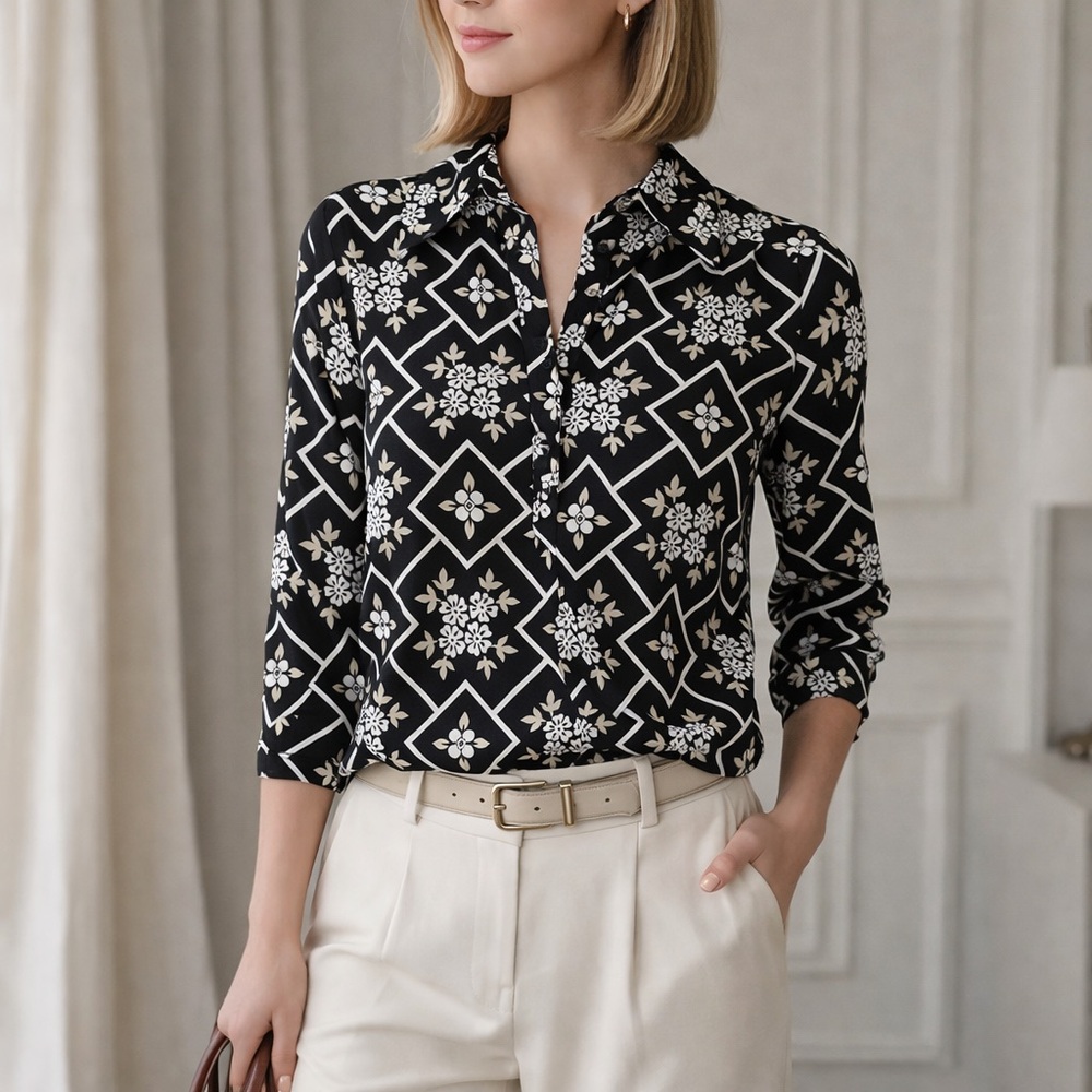 Charter Club Black White Floral Geometric Print 3/4 Sleeve Blouse Stretch Top M